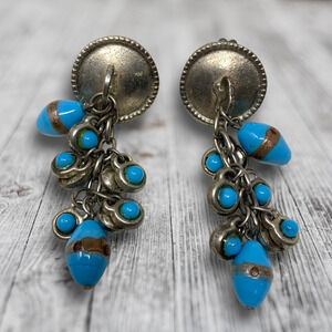 Vtg 1980's Raga Silver Tone Blue Glass Bead Dangle Clip On Earrings Art to Wear